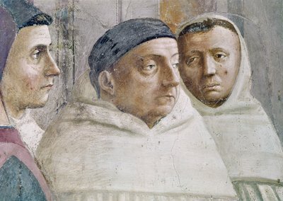 Detail of two monks, from the Raising of the Son of Theophilus, and St. Peter Enthroned as First Bishop of Antioch (detail) by Tommaso Masaccio